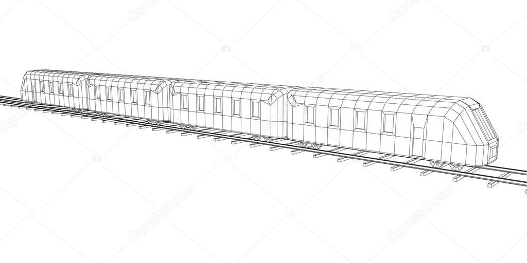 High speed train in motion. Vector rendering of 3d. Wire-frame style