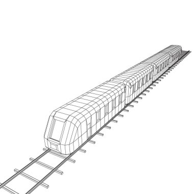 Yüksek hızlı tren hareket. 3B vektör oluşturma. Tel çerçeve stili