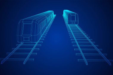 Yüksek hızlı tren hareket. 3B vektör oluşturma. Tel çerçeve stili