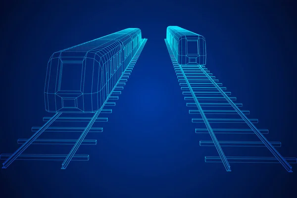 Treno ad alta velocità in movimento. Rendering vettoriale di 3d. Stile Wire-frame — Vettoriale Stock