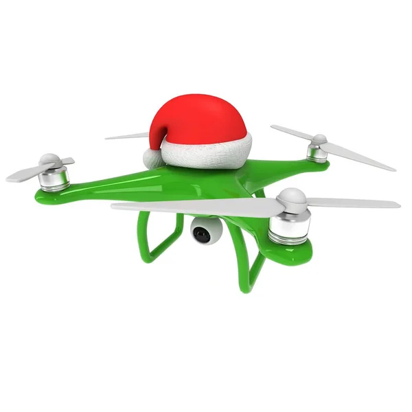 Remote control air drone with action video camera and christmas hat — Stock Photo, Image