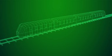 Yüksek hızlı tren hareket. 3B vektör oluşturma. Tel çerçeve stili