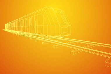 Yüksek hızlı tren hareket. 3B vektör oluşturma. Tel çerçeve stili