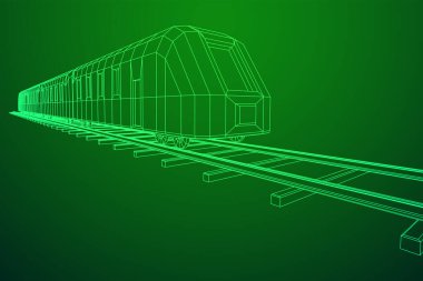 Yüksek hızlı tren hareket. 3B vektör oluşturma. Tel çerçeve stili