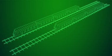Yüksek hızlı tren hareket. 3B vektör oluşturma. Tel çerçeve stili