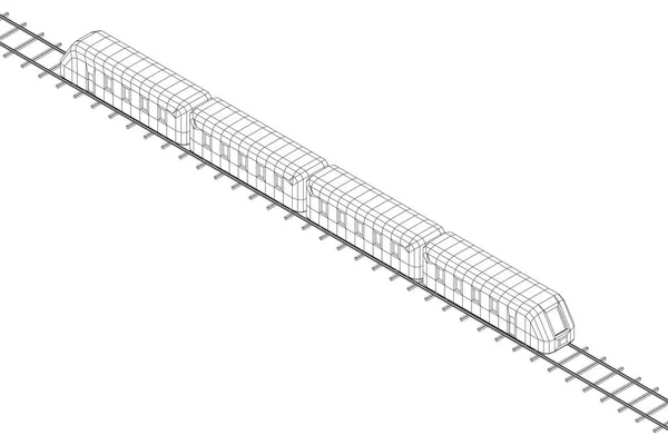 Treno ad alta velocità in movimento. Rendering vettoriale di 3d. Stile Wire-frame — Vettoriale Stock