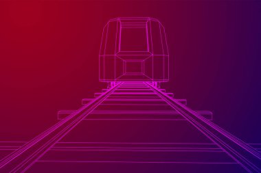 Yüksek hızlı tren hareket. 3B vektör oluşturma. Tel çerçeve stili