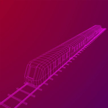 Yüksek hızlı tren hareket. 3B vektör oluşturma. Tel çerçeve stili