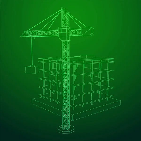 Building under construction with crane wireframe — Stock Vector