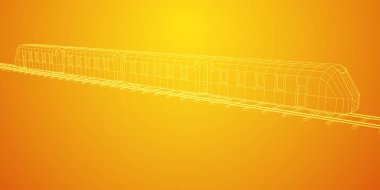 Yüksek hızlı tren hareket. 3B vektör oluşturma. Tel çerçeve stili