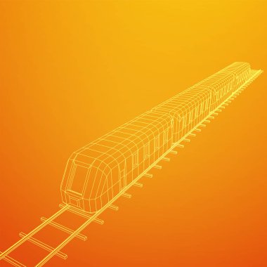 Yüksek hızlı tren hareket. 3B vektör oluşturma. Tel çerçeve stili