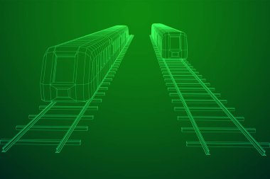 Yüksek hızlı tren hareket. 3B vektör oluşturma. Tel çerçeve stili