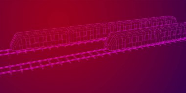 Yüksek hızlı tren hareket. 3B vektör oluşturma. Tel çerçeve stili