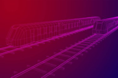 Yüksek hızlı tren hareket. 3B vektör oluşturma. Tel çerçeve stili