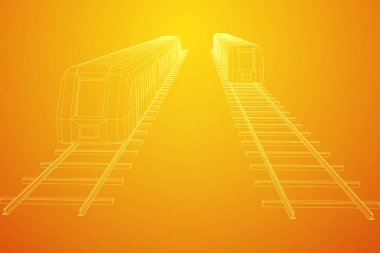 Yüksek hızlı tren hareket. 3B vektör oluşturma. Tel çerçeve stili