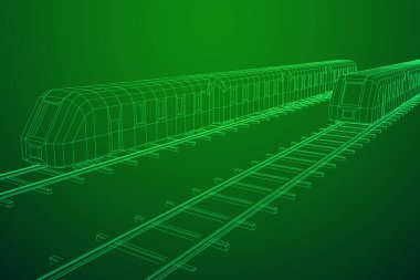 Yüksek hızlı tren hareket. 3B vektör oluşturma. Tel çerçeve stili