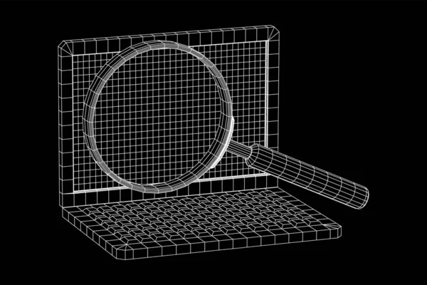 Förstoringsglas framför bärbar datorskärm — Stock vektor