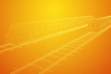 Yüksek hızlı tren hareket. 3B vektör oluşturma. Tel çerçeve stili