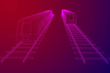 Yüksek hızlı tren hareket. 3B vektör oluşturma. Tel çerçeve stili