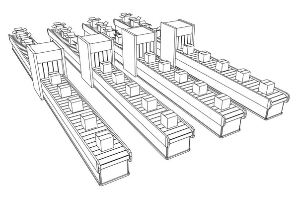 Conveyor belt section with open boxes — Stock Vector