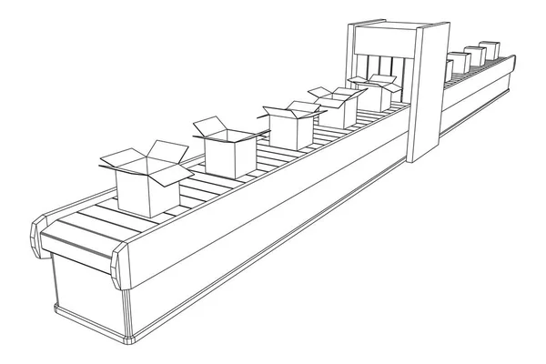 Sección de cinta transportadora con cajas abiertas — Vector de stock