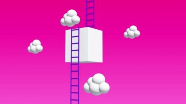 Next level with high giant box wall towards the sky with clouds and tall ladders