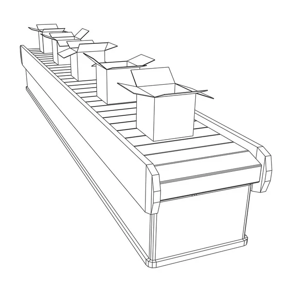 Sección de cinta transportadora con cajas abiertas — Vector de stock