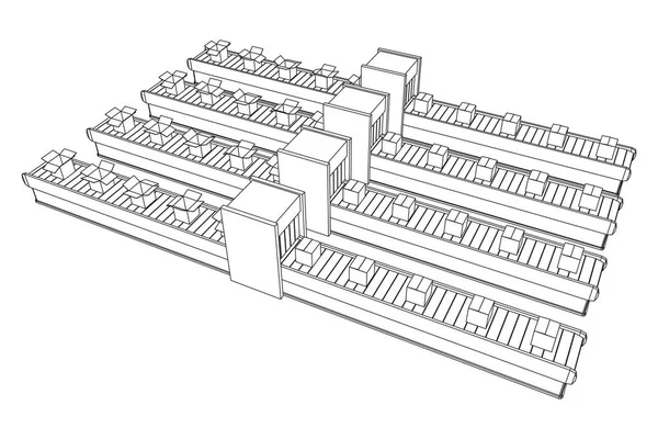 Seção de correia transportadora com caixas abertas — Vetor de Stock