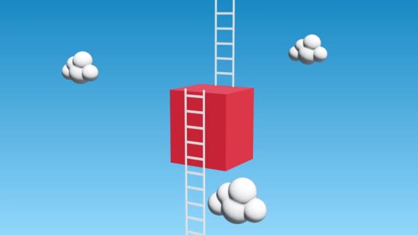 Next level with high giant box wall towards the sky with clouds and tall ladders — Stock video