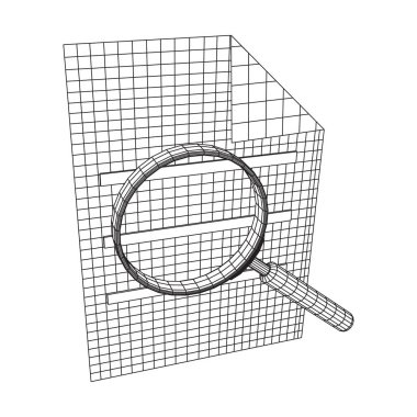 Büyüteçli belge dosyası. İş arama konsepti. Kablo çerçevesi düşük poli ağ vektör çizimi