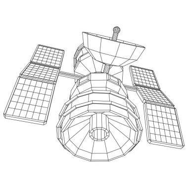 Uzay istasyonu iletişim uydusu. Kablo çerçevesi düşük poli ağ vektör çizimi.