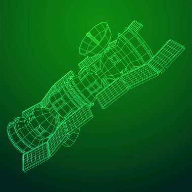 Uzay istasyonu iletişim uydusu. Kablo çerçevesi düşük poli ağ vektör çizimi.