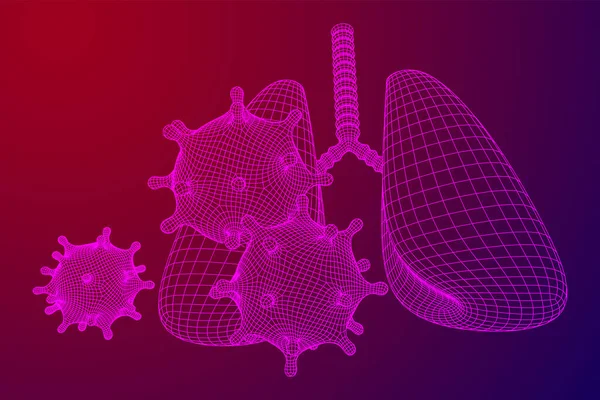 Corona Virus dengan konsep wireframe paru-paru - Stok Vektor