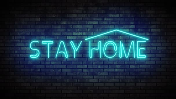 Neon stay home on brick wall. Night Club Bar Blinking Neon Sign. — Stock Video