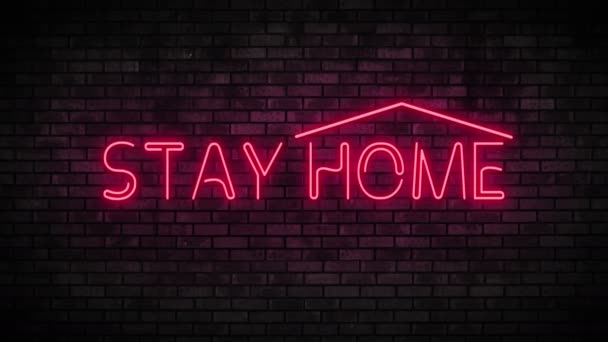 Neon stay home on brick wall. Night Club Bar Blinking Neon Sign. — Stock Video