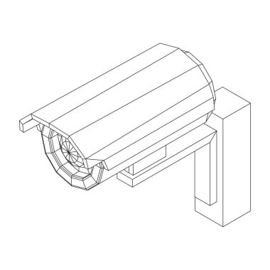 Modern video kamera. Webcam izleme alanı. Güvenlik, güvenlik kavramı. Kablo çerçevesi düşük poli ağ vektör çizimi.