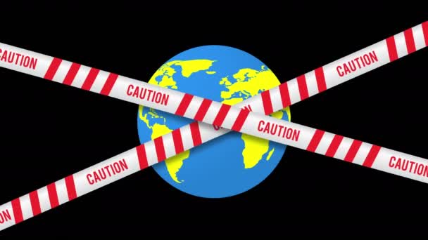 Caution tape danger red and white warnings lines crosswise over Earth globe — Stock Video