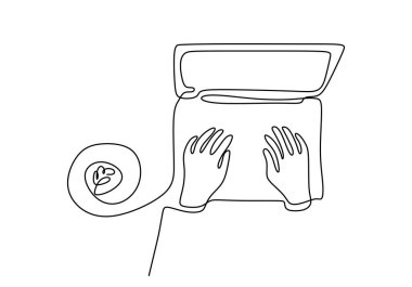 Dizüstü bilgisayara bir fincan kahveyle sürekli el çizimi. Boş zamanlarında daktilo etme kavramı. Beyin fırtınası vektörü illüstrasyon minimalizminin yazar fikri metaforu.