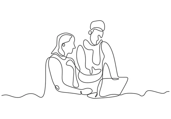 Desenho contínuo de uma linha de assistência do diretor da empresa líder e discussão para o secretário. Conceito de minimalismo de homem e mulher conversando com um laptop para trabalhar . —  Vetores de Stock