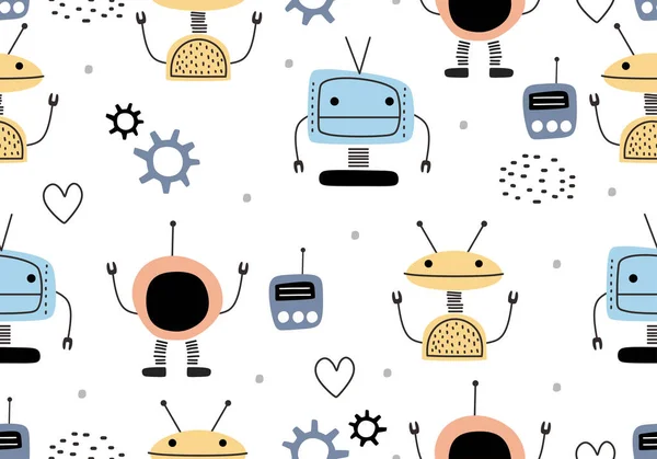 İskandinav çizim tarzına sahip komik robotlar. Robot el renkli sayborg karakter çizdi. Çocuklar için vektör illüstrasyonu ve bebek giyimi moda tekstil baskısı.