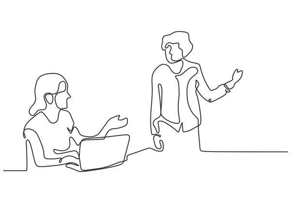 Dessin continu d'une ligne du vecteur de discussion d'affaires. Concept de minimalisme de deux personnes discuter avec un ordinateur portable . — Image vectorielle