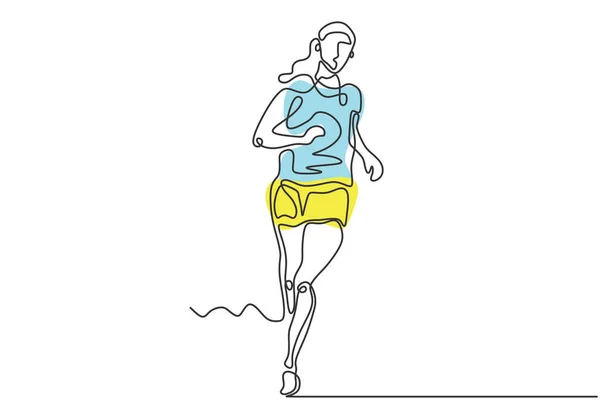 Una silueta de línea dibujada continua del diseño minimalista del corredor de la muchacha del atleta que corre con colores. Vector mujer correr en la calle durante la competición deportiva . — Vector de stock
