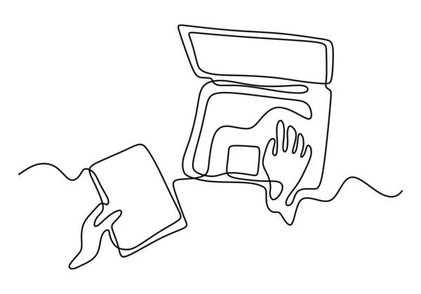 Dibujo de línea continua de las manos escribiendo en el ordenador portátil. Concepto de minimalismo dibujado por una sola mano metáfora comercial de escritor, idea y trabajo creativo . — Vector de stock