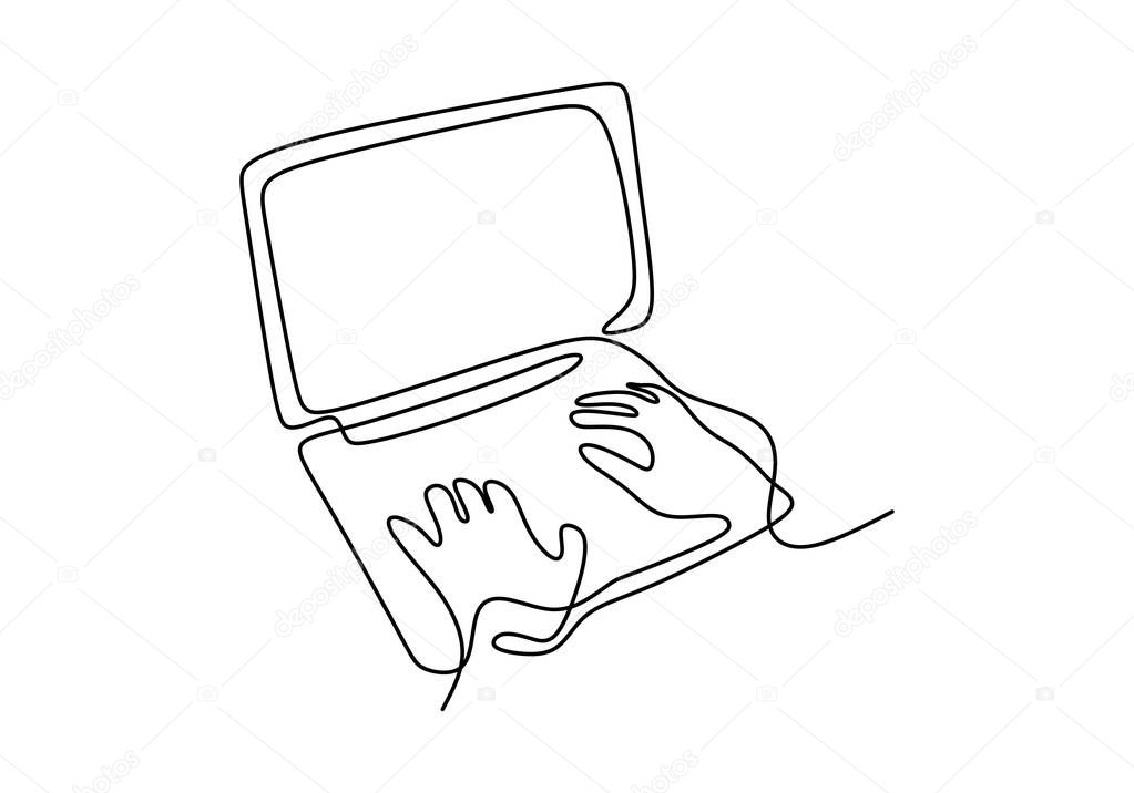 Continuous one line drawing of hand typing on laptop minimalism design vector. Simplicity single hand drawn sketch lineart.