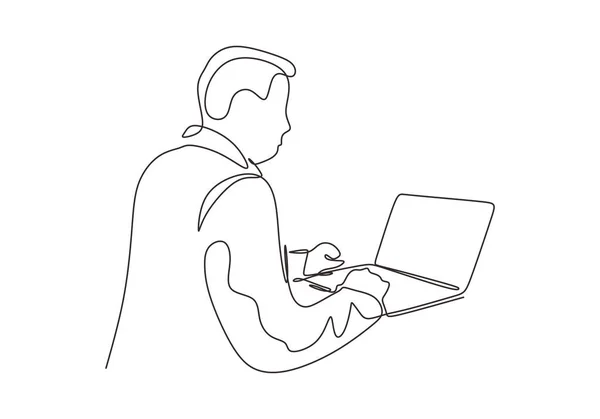 Desenho Contínuo Uma Linha Homem Trabalhando Laptop Vector Pessoa Fazendo — Vetor de Stock