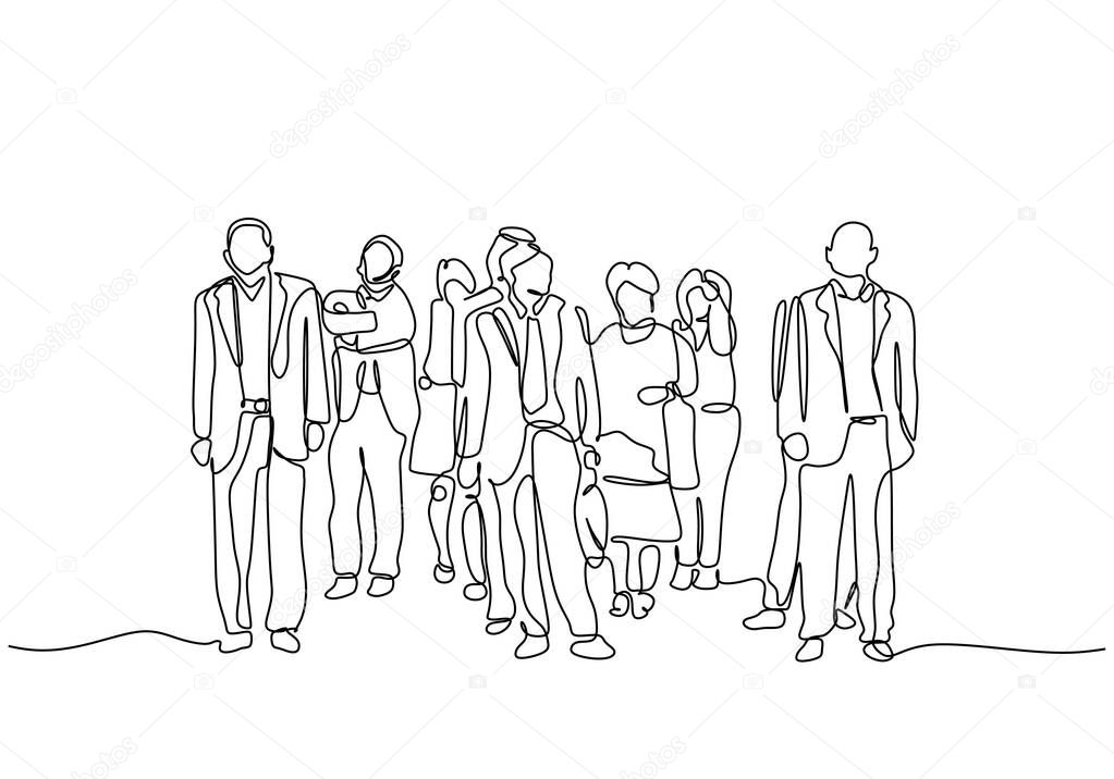 Continuous one line drawing of people after work. Urban commuters concept minimalism design vector illustration. Businessman and businesswoman waiting on the street.