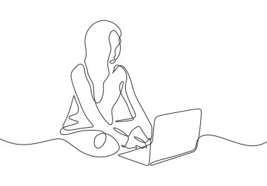 Continuous one line drawing of girl sitting with laptop. Casual woman doing freelance job work at home.