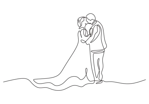 婚姻中幸福伴侣的连续一行画 男男女女穿着婚纱接吻 祝福幸福时刻 — 图库矢量图片
