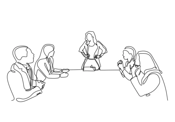 Desenho Contínuo Uma Linha Reunião Empresa Com Mulher Como Vetor — Vetor de Stock