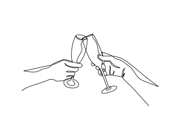 Continuous One Line Drawing Cheers Wine Glass Hands Cheering Glasses — Stock Vector